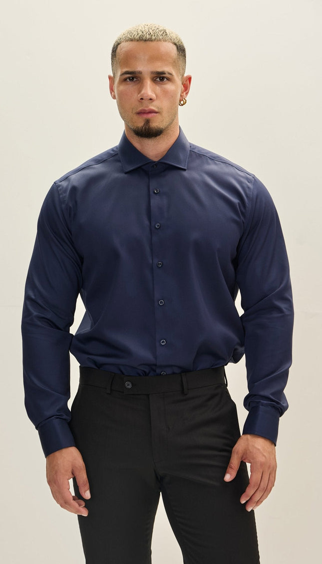 Spread Collar Cotton Dress Shirt - Navy