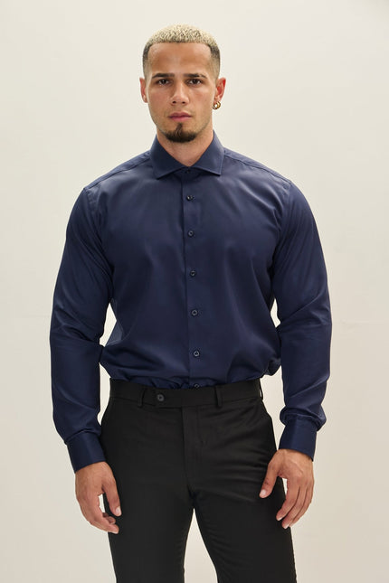 Men's Spread Collar Cotton Dress Shirt - Navy | Ron Tomson