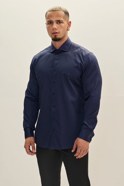 Men's Spread Collar Cotton Dress Shirt - Navy | Ron Tomson