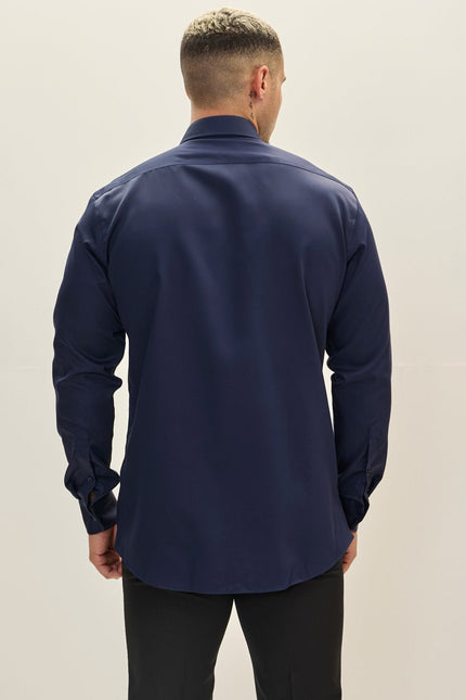 Men's Spread Collar Cotton Dress Shirt - Navy | Ron Tomson
