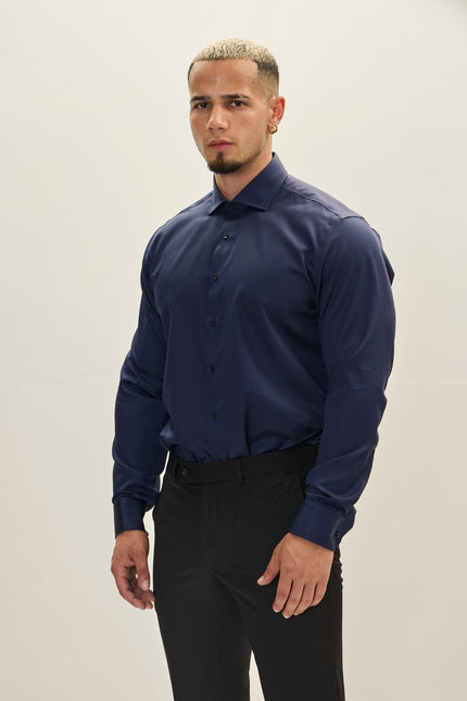 Men's Spread Collar Cotton Dress Shirt - Navy | Ron Tomson