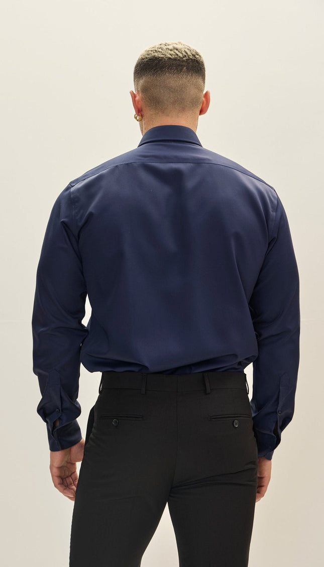 Spread Collar Cotton Dress Shirt - Navy