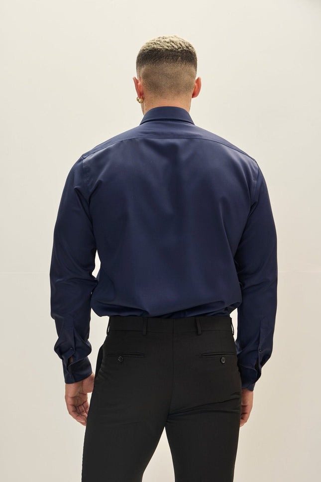 Men's Spread Collar Cotton Dress Shirt - Navy | Ron Tomson