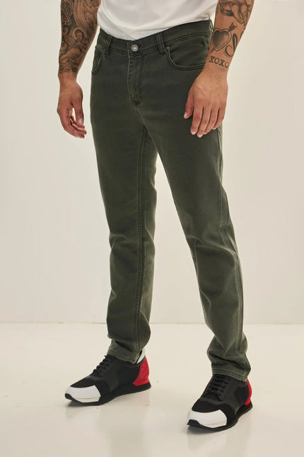 Men's Slim Cotton Five-Pocket Jeans - Olive | Ron Tomson