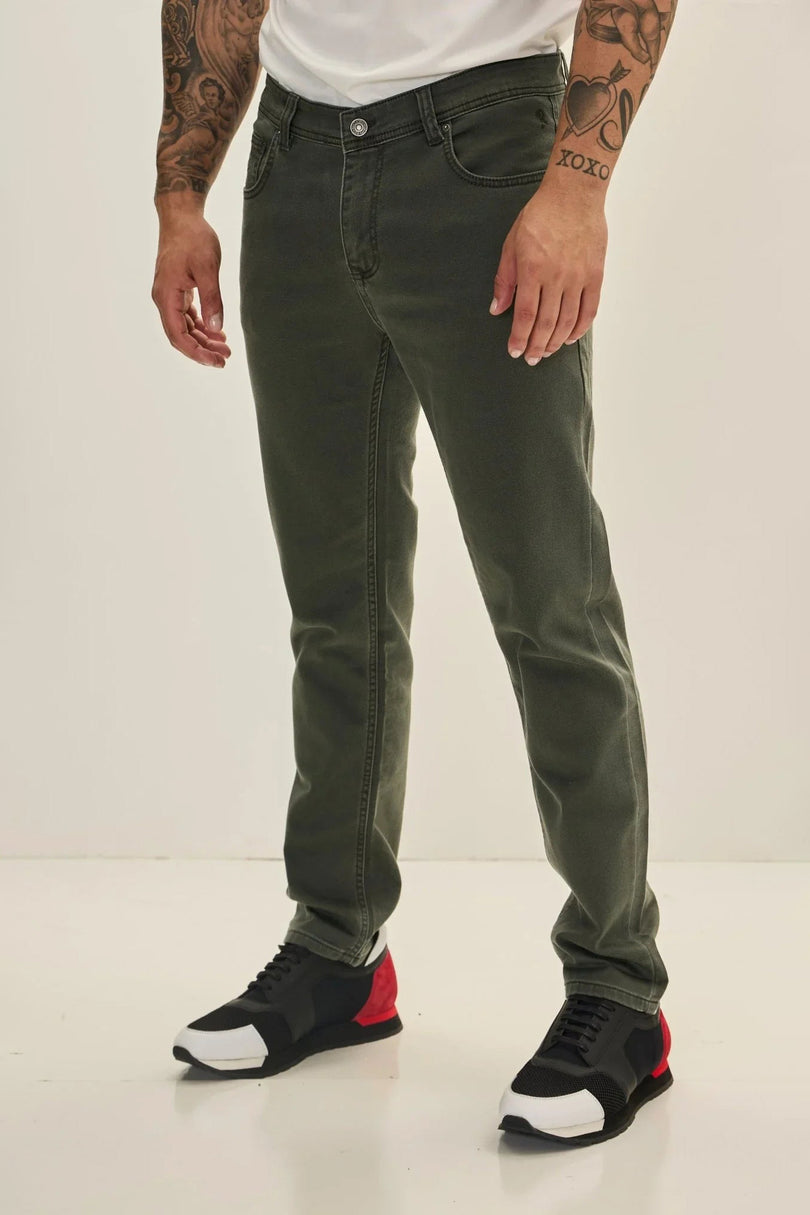 Men's Slim Cotton Five-Pocket Jeans - Olive | Ron Tomson