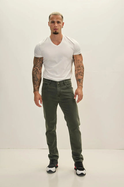 Men's Slim Cotton Five-Pocket Jeans - Olive | Ron Tomson