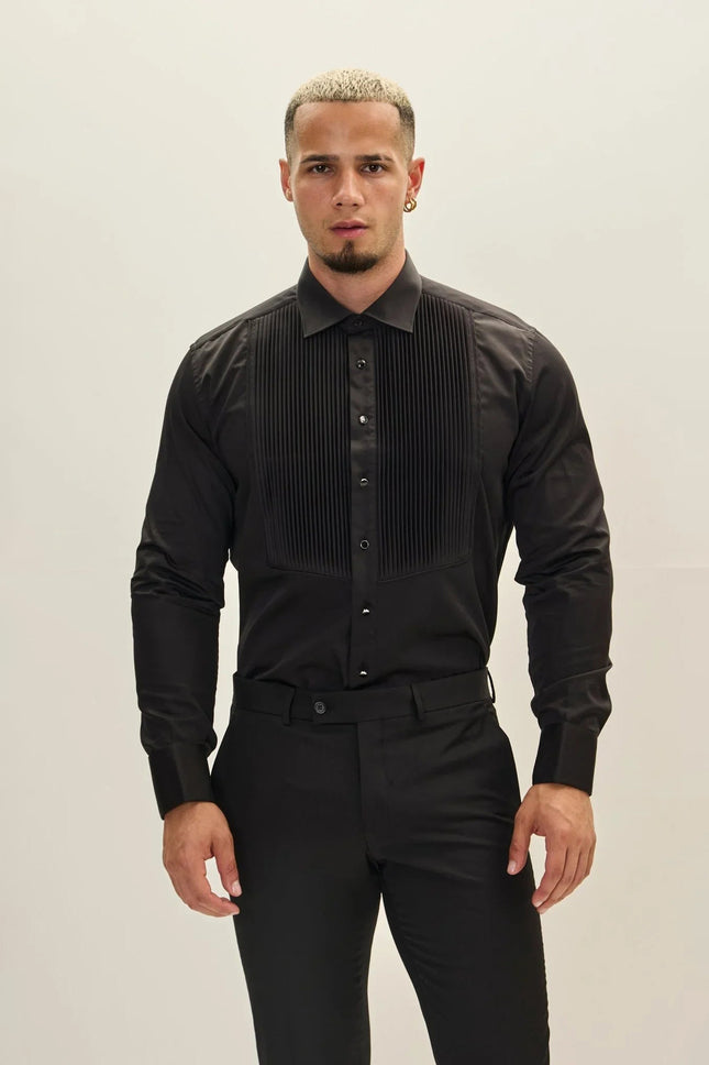 Men's Pleated Tuxedo Shirt - Black | Ron Tomson