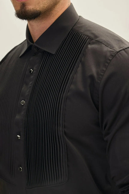 Men's Pleated Tuxedo Shirt - Black | Ron Tomson