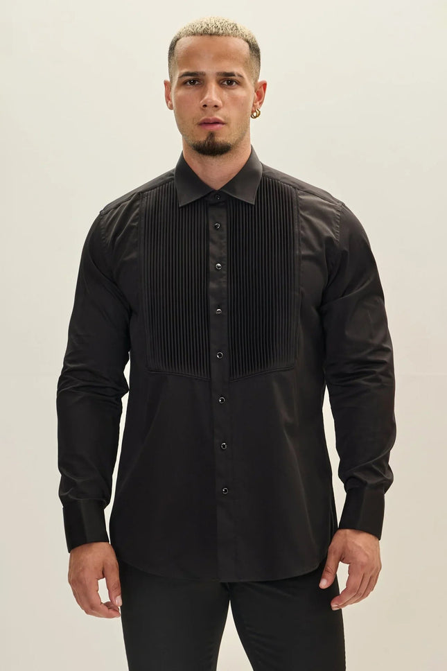 Men's Pleated Tuxedo Shirt - Black | Ron Tomson