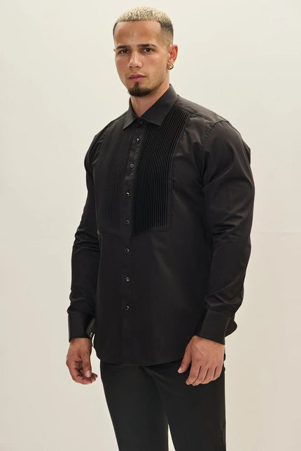 Men's Pleated Tuxedo Shirt - Black | Ron Tomson