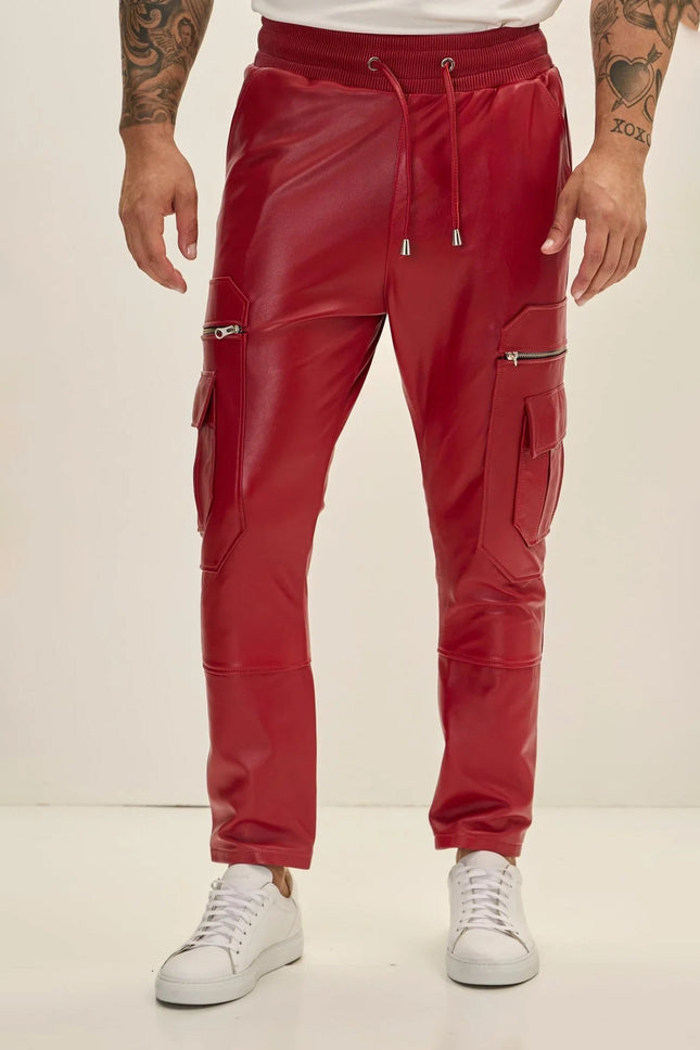 Men's Lambskin Leather Joggers - Red | Ron Tomson