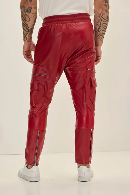 Men's Lambskin Leather Joggers - Red | Ron Tomson