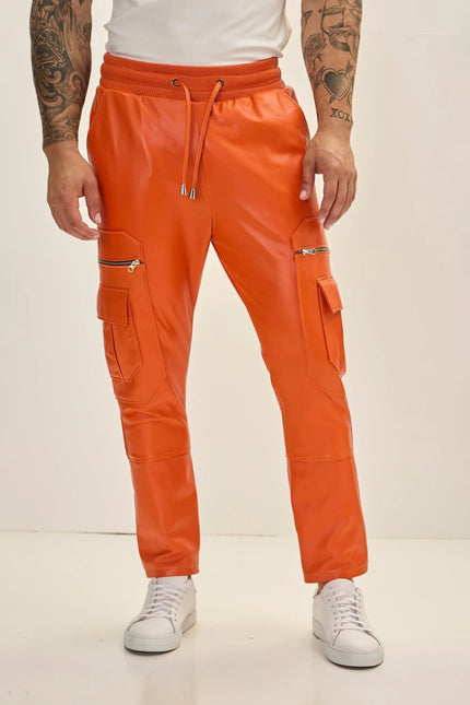 Men's Lambskin Leather Joggers - Orange | Ron Tomson