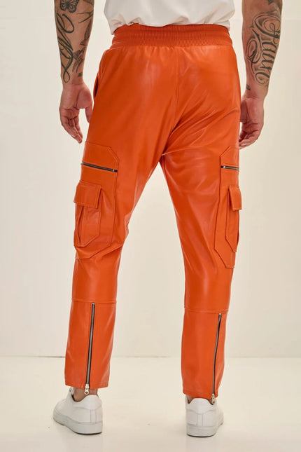 Men's Lambskin Leather Joggers - Orange | Ron Tomson