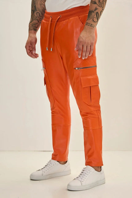 Men's Lambskin Leather Joggers - Orange | Ron Tomson