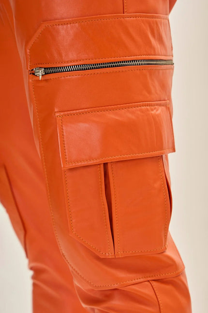 Men's Lambskin Leather Joggers - Orange | Ron Tomson