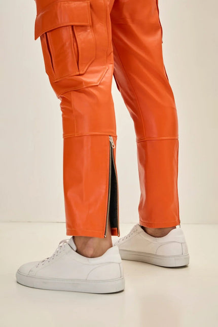 Men's Lambskin Leather Joggers - Orange | Ron Tomson