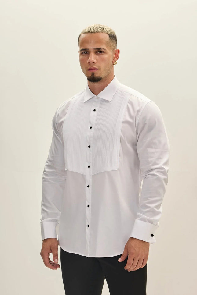 Men's Pleated Tuxedo Shirt - White | Ron Tomson