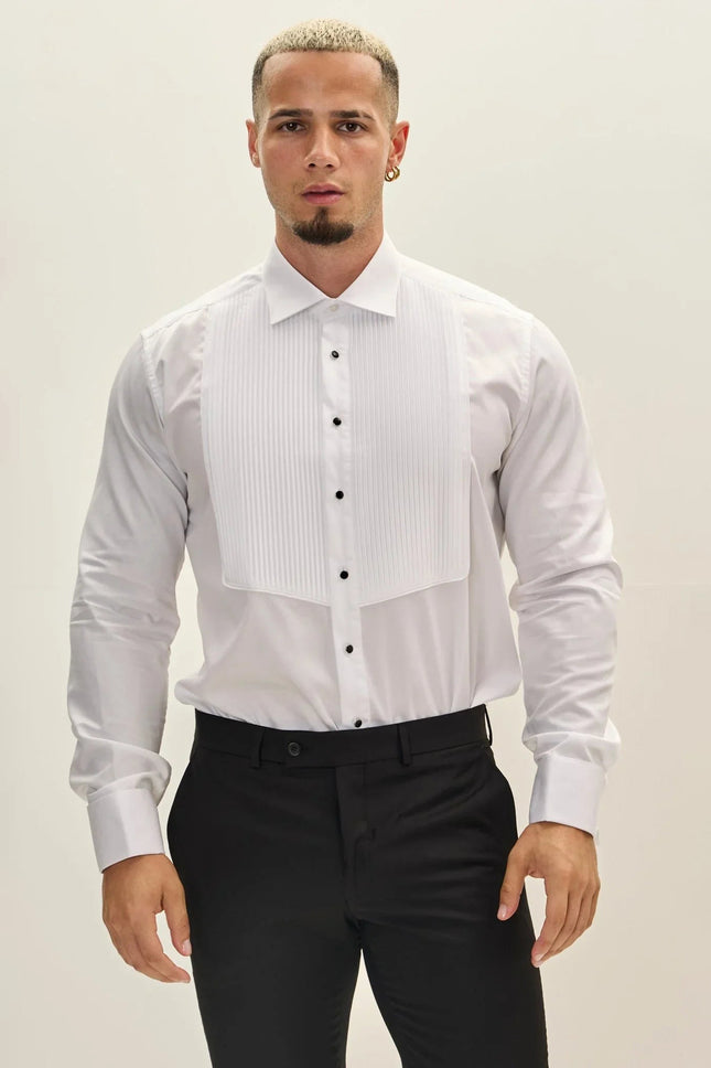 Men's Pleated Tuxedo Shirt - White | Ron Tomson