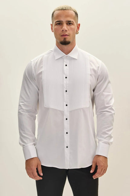 Men's Pleated Tuxedo Shirt - White | Ron Tomson