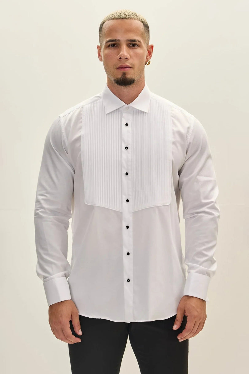 Men's Pleated Tuxedo Shirt - White | Ron Tomson