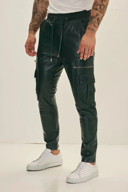 Men's Lambskin Leather Joggers - Green | Ron Tomson