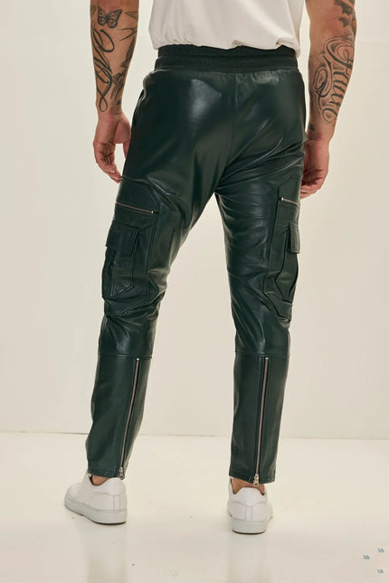 Men's Lambskin Leather Joggers - Green | Ron Tomson