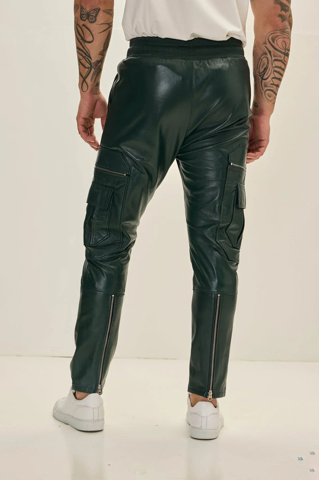 Men's Lambskin Leather Joggers - Green | Ron Tomson