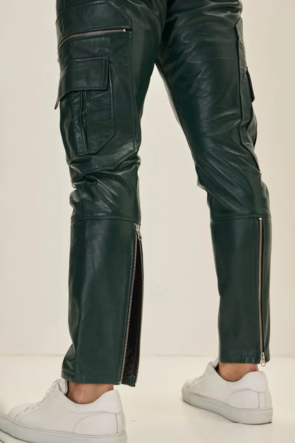 Men's Lambskin Leather Joggers - Green | Ron Tomson