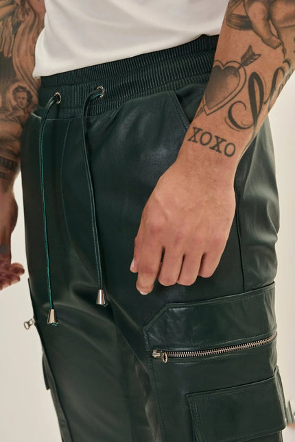 Men's Lambskin Leather Joggers - Green | Ron Tomson