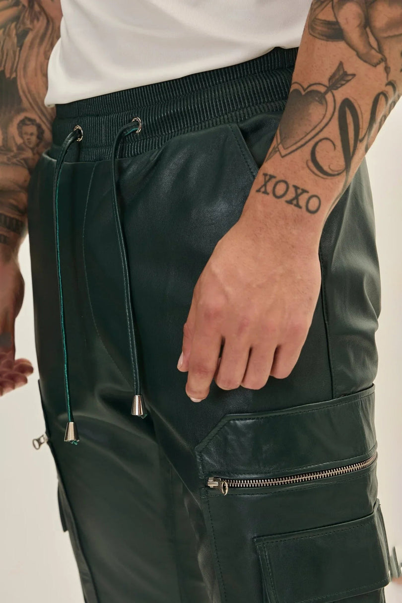 Men's Lambskin Leather Joggers - Green | Ron Tomson