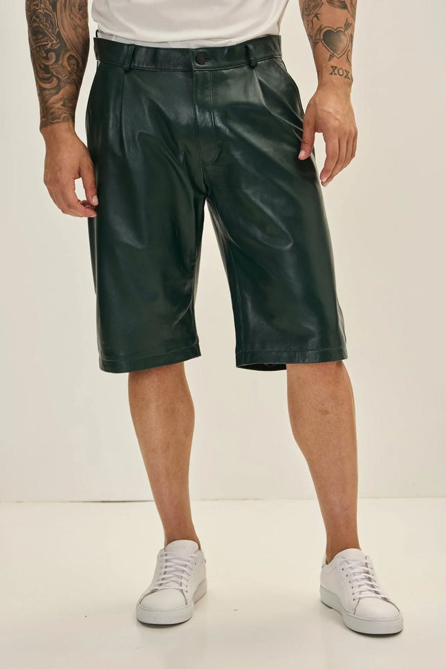 Men's Nappa Lambskin Leather Shorts - Green | Ron Tomson