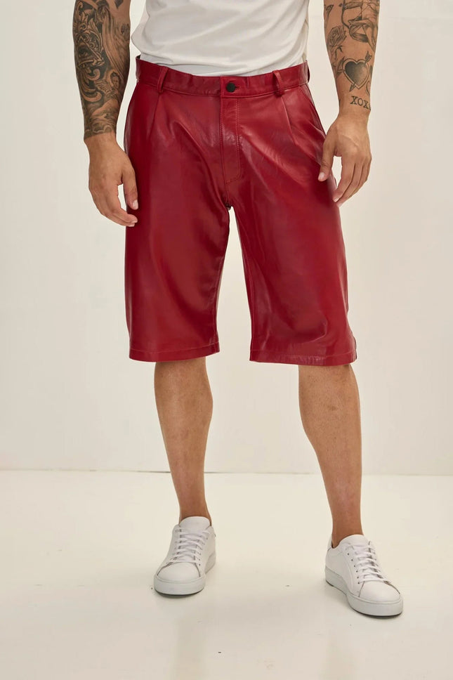 Men's Nappa Lambskin Leather Shorts - Red | Ron Tomson
