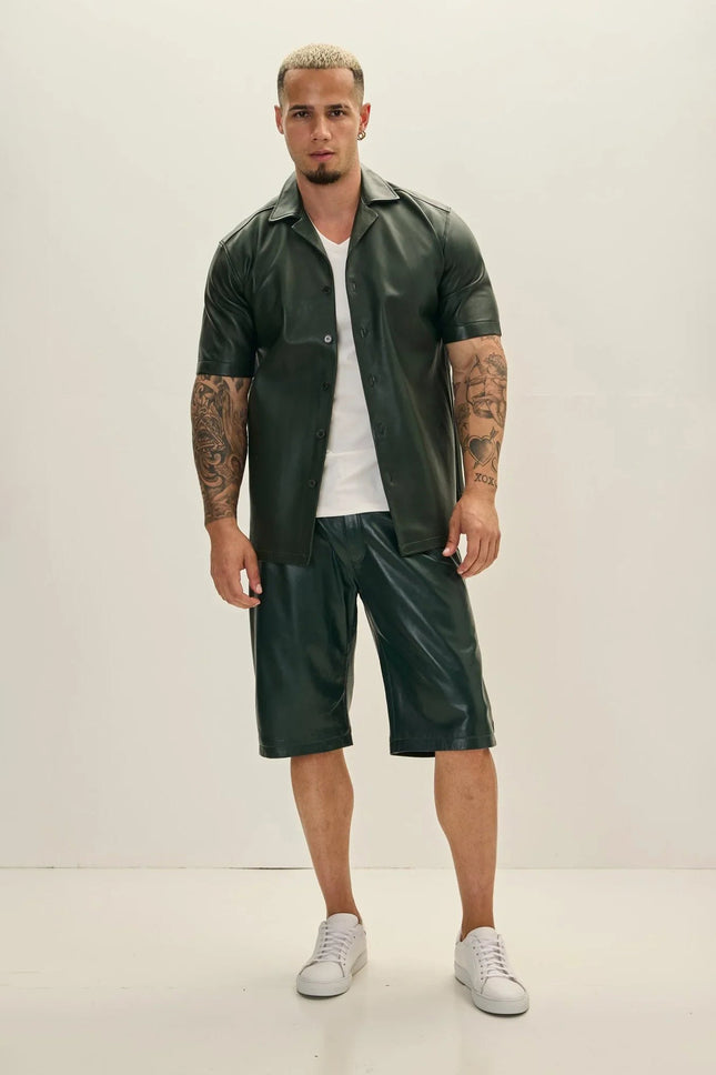 Men's Nappa Lambskin Leather Shorts - Green | Ron Tomson