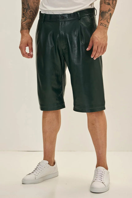 Men's Nappa Lambskin Leather Shorts - Green | Ron Tomson