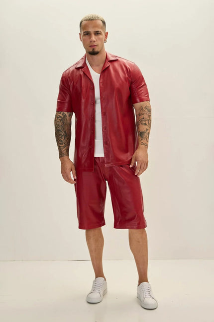 Men's Nappa Lambskin Leather Shorts - Red | Ron Tomson