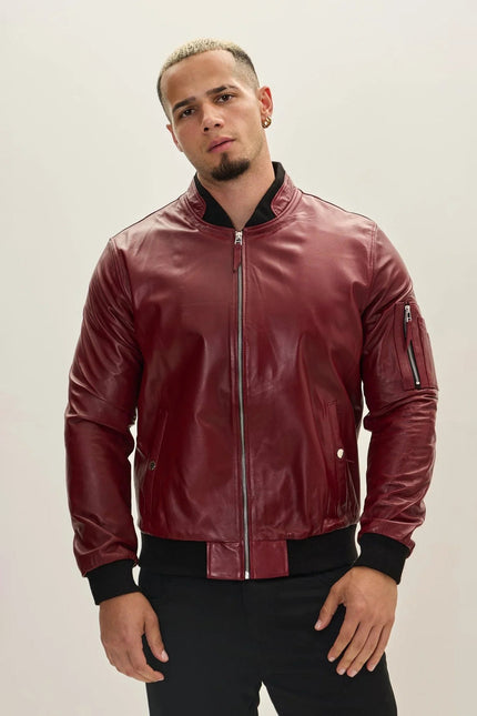 Men's Leather Bomber Jacket - Burgundy | Ron Tomson