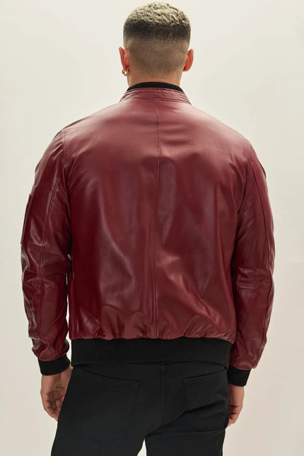 Men's Leather Bomber Jacket - Burgundy | Ron Tomson