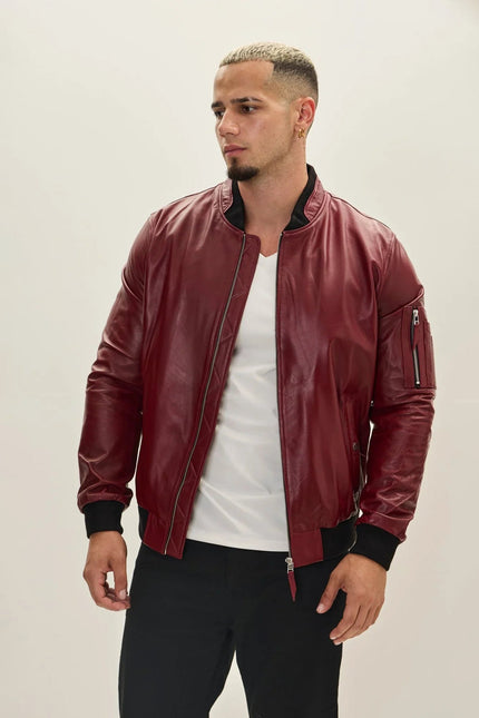 Men's Leather Bomber Jacket - Burgundy | Ron Tomson
