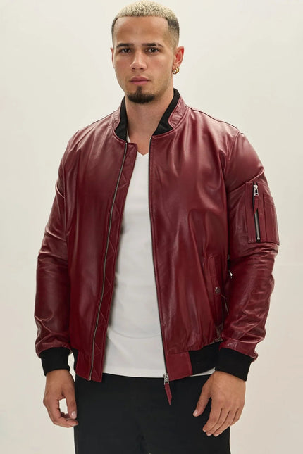 Men's Leather Bomber Jacket - Burgundy | Ron Tomson