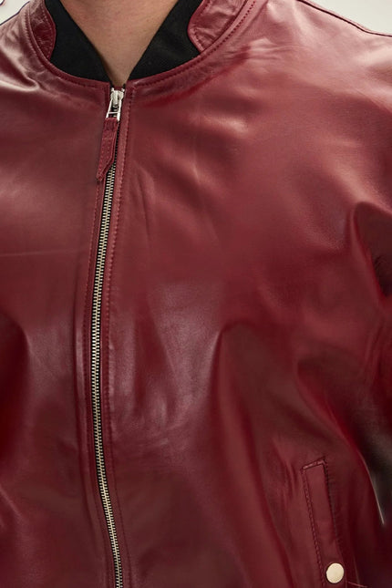 Men's Leather Bomber Jacket - Burgundy | Ron Tomson