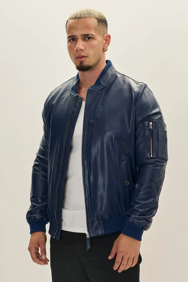 Men's Lambskin Leather Bomber Jacket - Navy | Ron Tomson