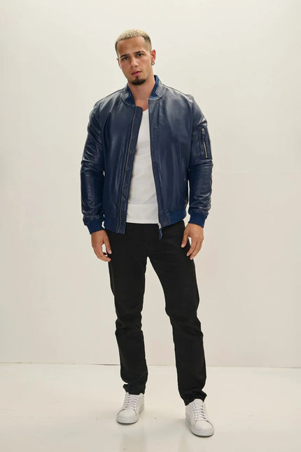 Men's Lambskin Leather Bomber Jacket - Navy | Ron Tomson