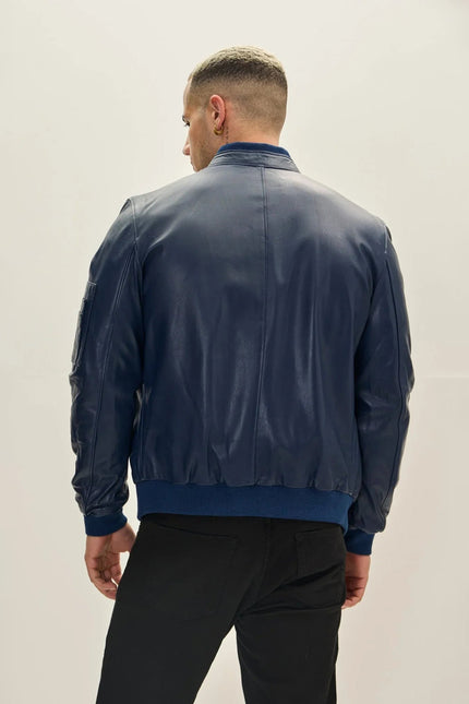 Men's Lambskin Leather Bomber Jacket - Navy | Ron Tomson