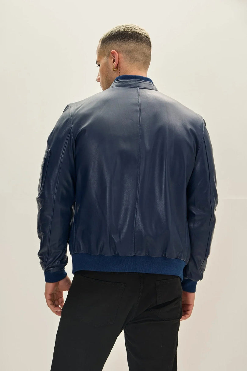 Men's Lambskin Leather Bomber Jacket - Navy | Ron Tomson