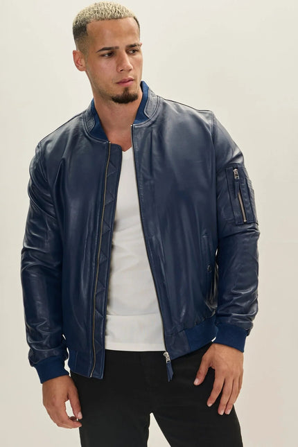 Men's Lambskin Leather Bomber Jacket - Navy | Ron Tomson