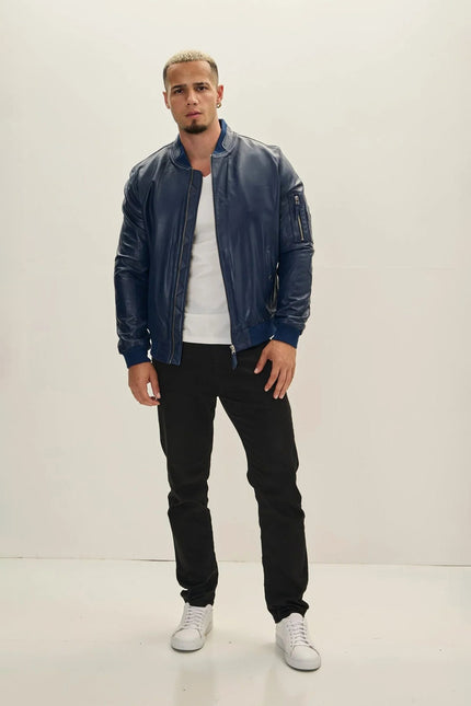 Men's Lambskin Leather Bomber Jacket - Navy | Ron Tomson