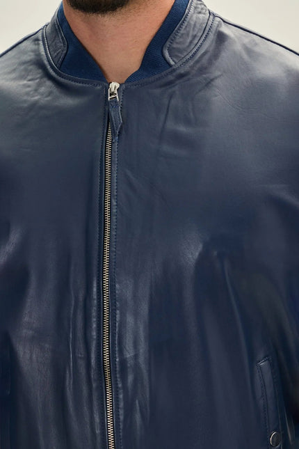 Men's Lambskin Leather Bomber Jacket - Navy | Ron Tomson