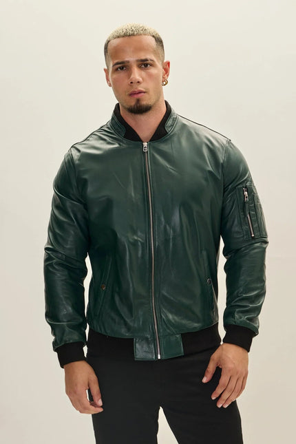 Men's Lambskin Leather Bomber Jacket - Green | Ron Tomson
