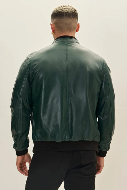 Men's Lambskin Leather Bomber Jacket - Green | Ron Tomson